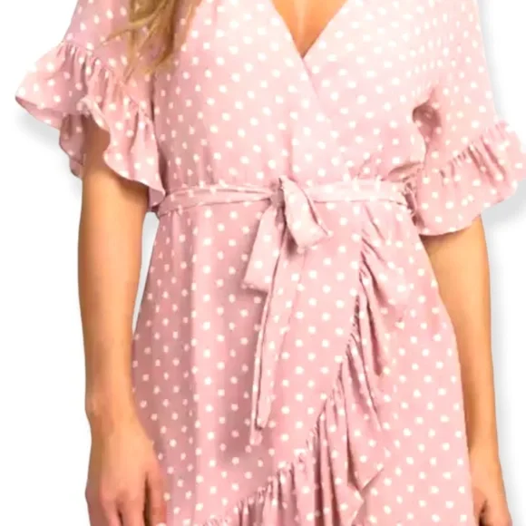 Pink polka dot chiffon dress with adjustable waist tie - Picture 2 of 3